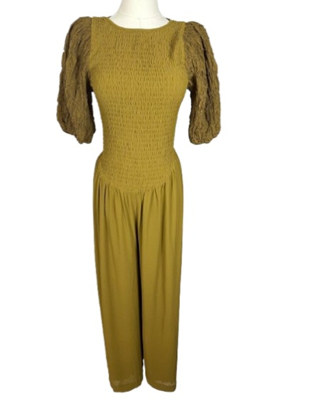 Free People Olive Smocked Jumpsuit with Textured Puff Sleeves Size XS